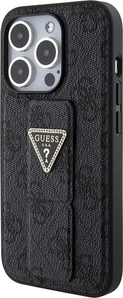 Mbështjellës Guess Grip Stand 4G Triangle Strass për iPhone 15 Pro, i zi