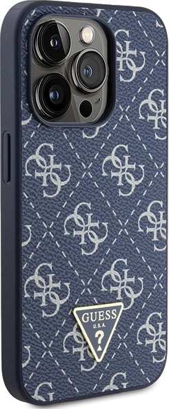 Mbështjellës Guess 4G Triangle Metal Logo GUHCP15XPG4GPB për iPhone 15 Pro Max 6.7", hardcase, TPU/PC/Eko-lëkurë, blu, në kuti