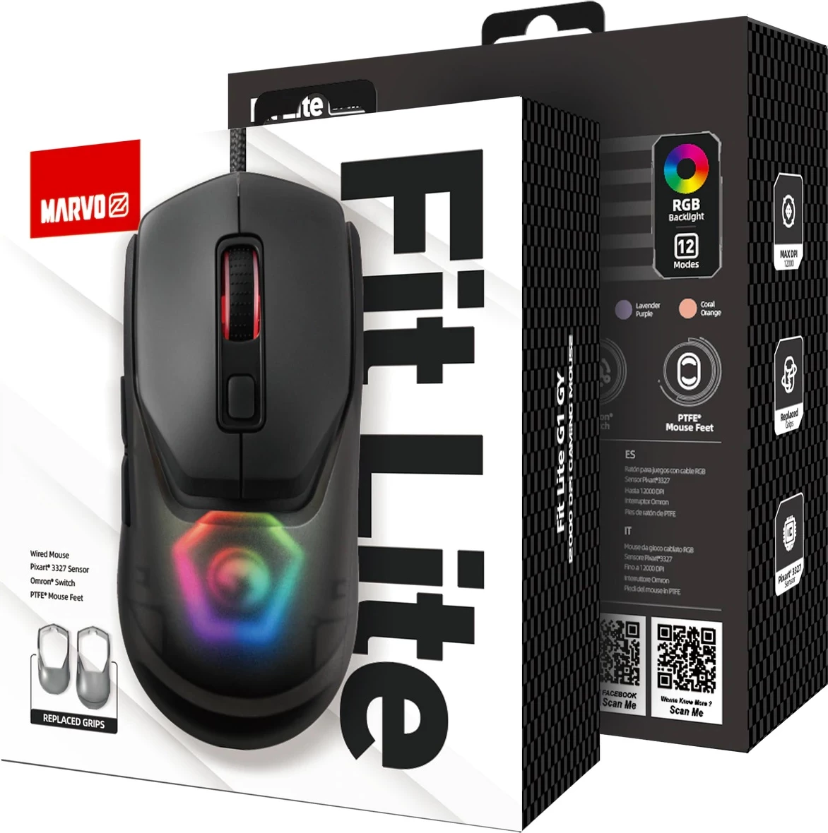 Maus gaming Marvo Fit Lite G1, 12000 DPI, RGB, me kabllo, 7 butona, i zi