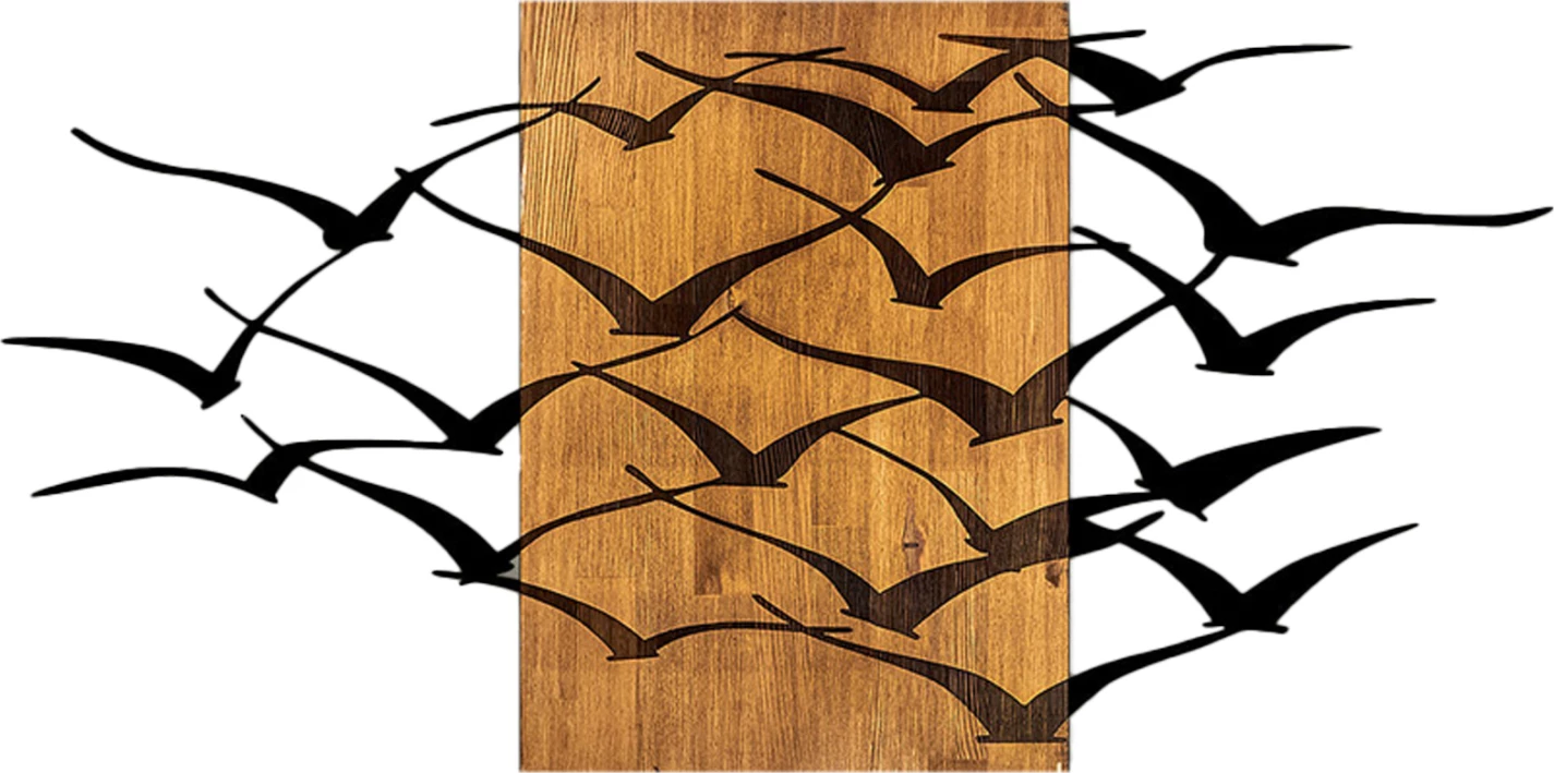 Dekor muri i madh me zogj, metal i zi, dru natyral, FH4749, 140x3x70cm
