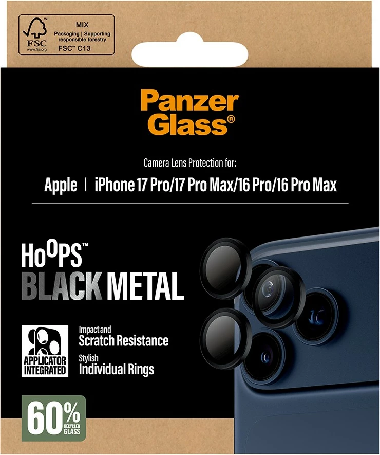 Mbështjellës kamerash PanzerGlass Hoops për iPhone 17 Pro/Pro Max/16 Pro/Pro Max, e zezë