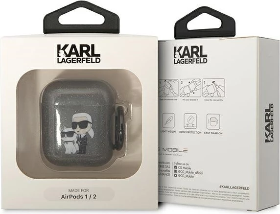 Mbështjellës Karl Lagerfeld KLA2HNKCTGK për AirPods 1/2, Glitter Karl&Choupette, i zi me unazë