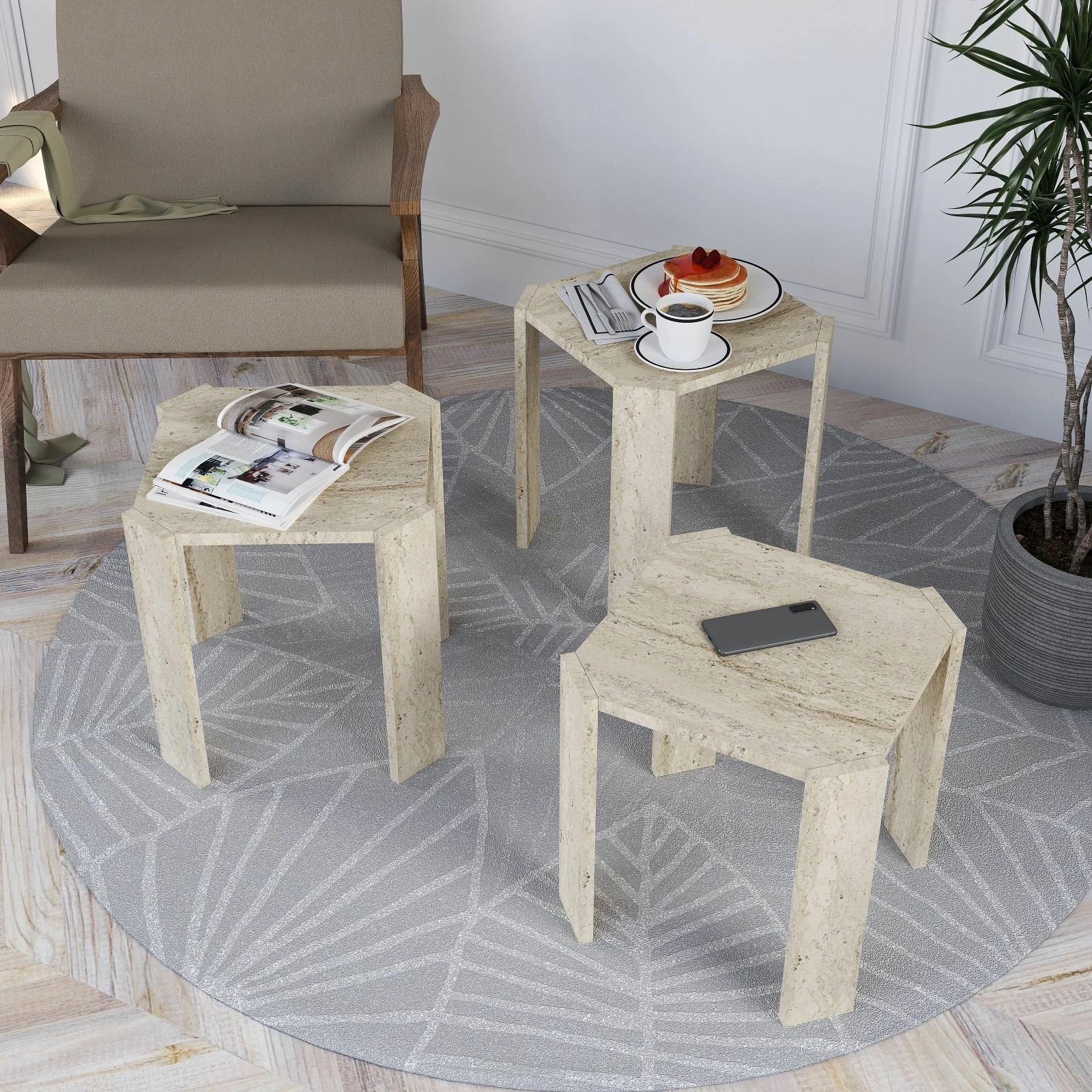 Set tavolinash ndihmëse, 3 copë, ngjyrë travertine, Skye Decor Azra