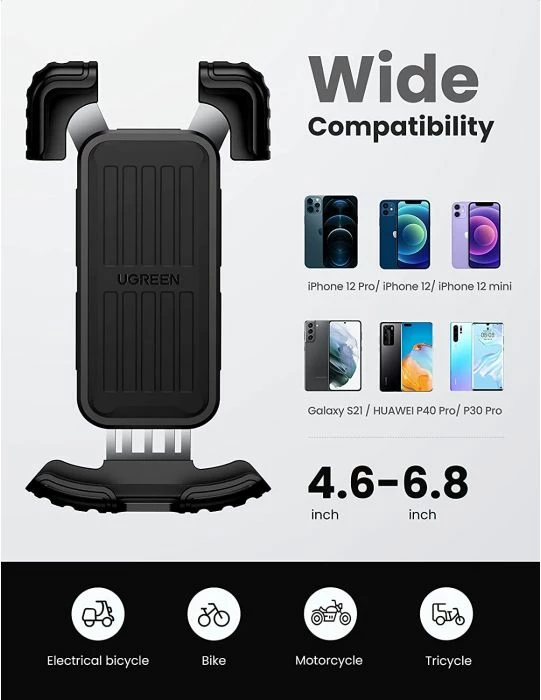 Mbajtës telefoni për biçikletë UGREEN 60548, 4.7–6.8 inç, për timon 0.6–1.75 inç, i zi