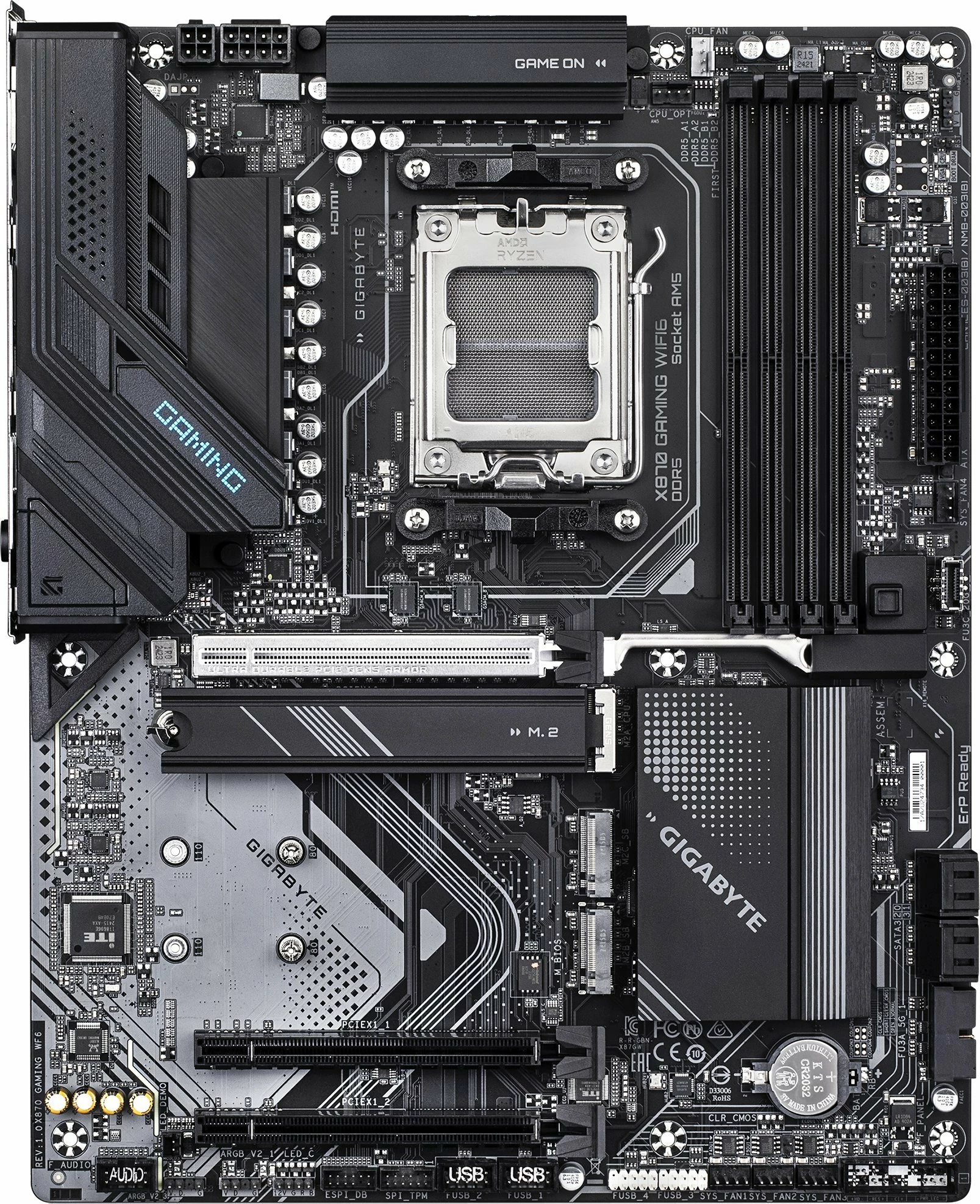 Pllakë amë Gigabyte X870 GAMING WIFI6, AM5, ATX, DDR5 deri 256GB, Wi‑Fi 6 + Bluetooth 5, USB4, e zezë, me antenë Wi‑Fi