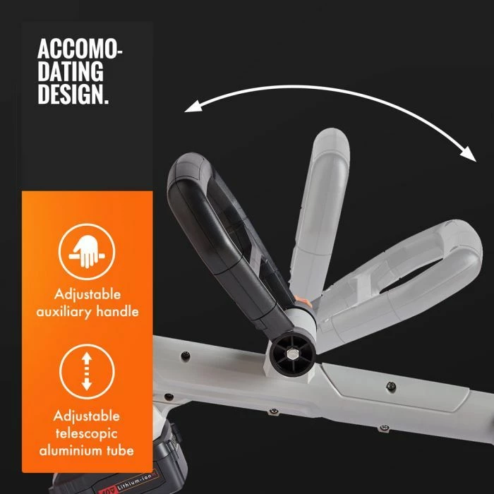 Trimer bari pa kabllo VONHAUS 3500229 40V, diametër prerje 300 mm, shtyllë teleskopike 96.5–131.5 cm, me karikues, gri/portokalli