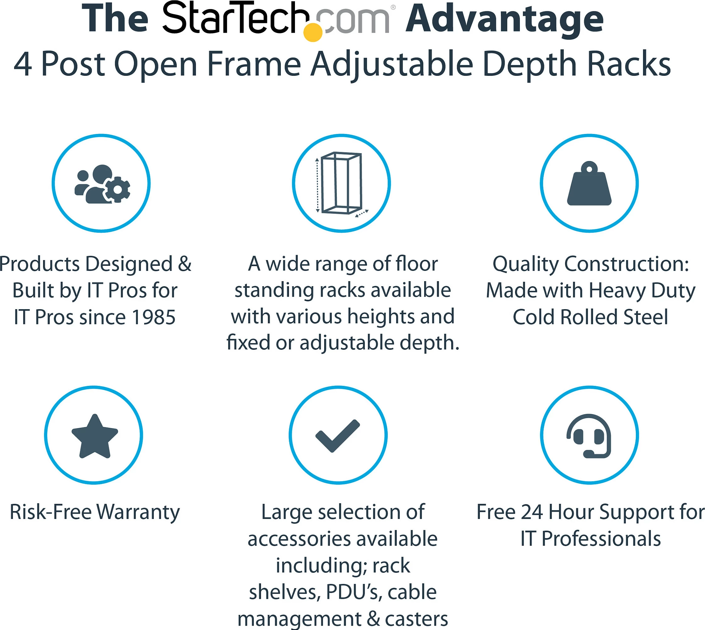 Rack serveri StarTech 4POSTRACK42, 42U, 19", open frame, thellësi e rregullueshme 56-101.7 cm, me rrota, 600 kg, i zi