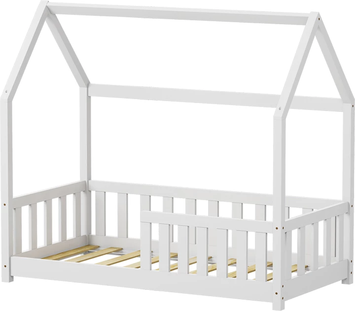 Krevat për fëmijë Montessori me parmakë, dru pishe, ngjyrë e bardhë, 70x140cm