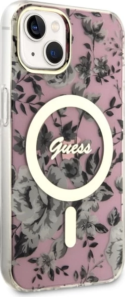 Mbështjellës Guess Flower MagSafe për iPhone 14, Rozë