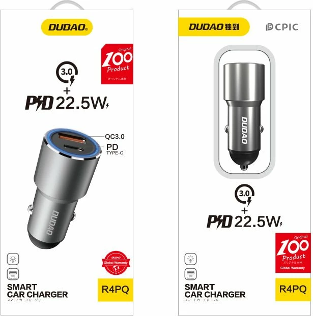 Karikues veture Dudao R4PQ, 22.5W, 2 porta USB-A & USB-C, Gri