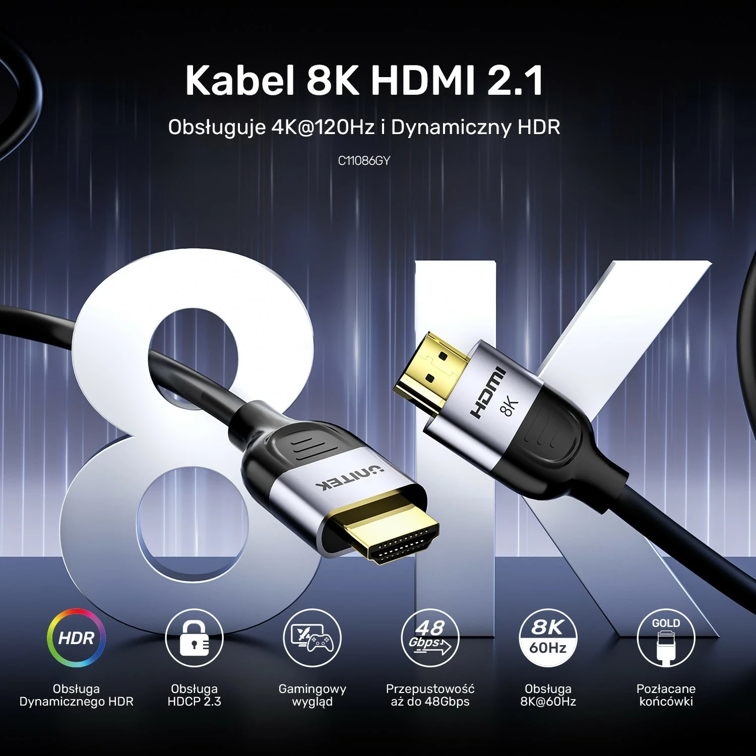 Kabëll HDMI Unitek 2.1 8K 60Hz, 5m, zi-argjendtë