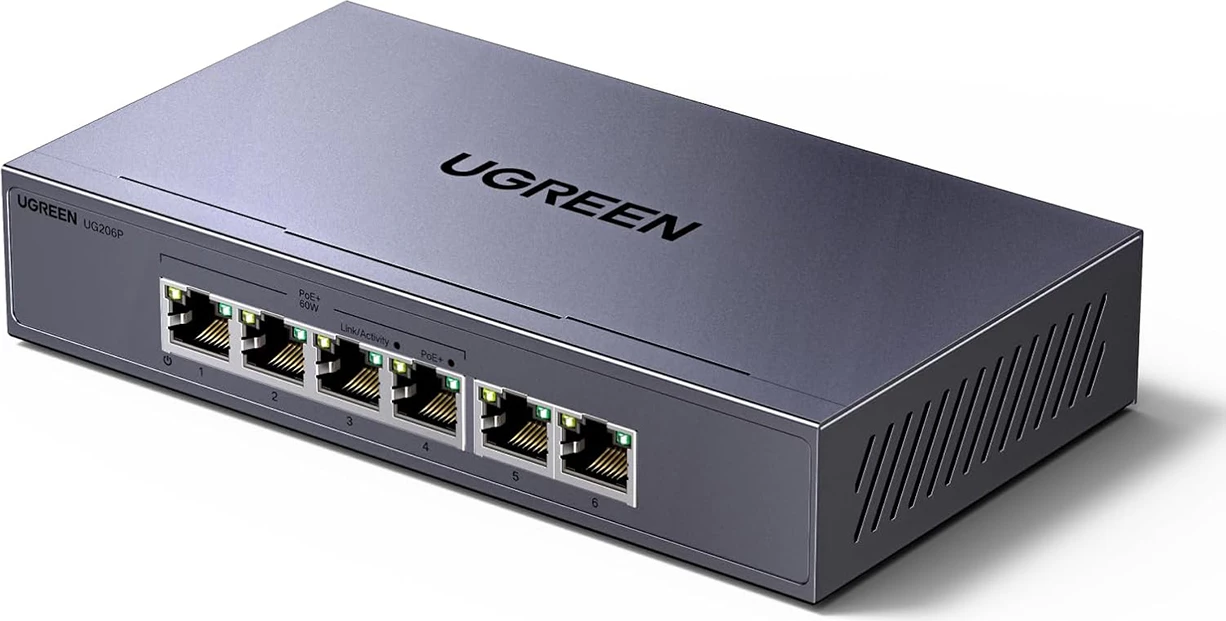 Switch Ugreen CM753 6-Port 1Gb/s me PoE+ (4x PoE+), 60W total, Gri, Në kuti
