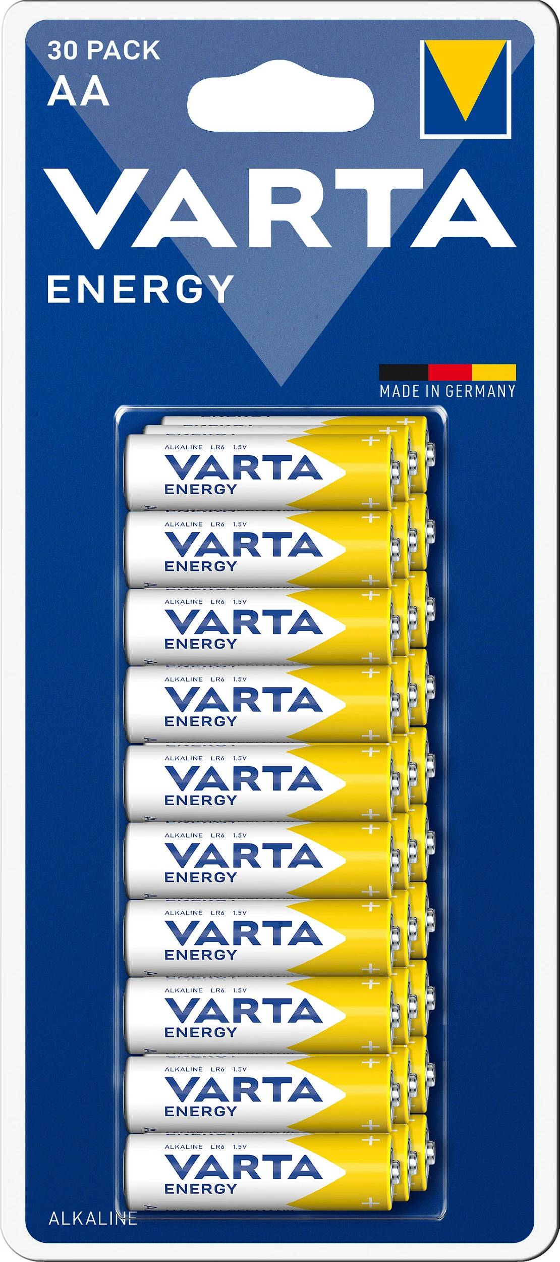 Bateri Varta Energy AA (LR6) 1.5V, alkaline, paketë 30 copë, blu/bardhë/verdhe