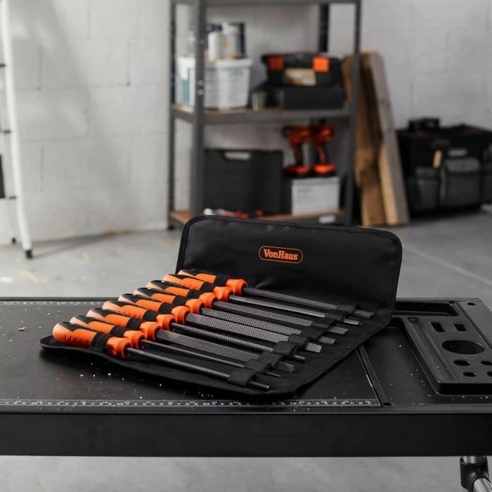 Set turpijash dhe raspash VONHAUS 3500076, 20 cm (8\"), çelik T12, me çantë kanavacë, set 9 copë, zi/portokalli