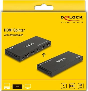 HDMI splitter DeLOCK 1×4, 4K 60Hz, me downscaler, USB powered, i zi