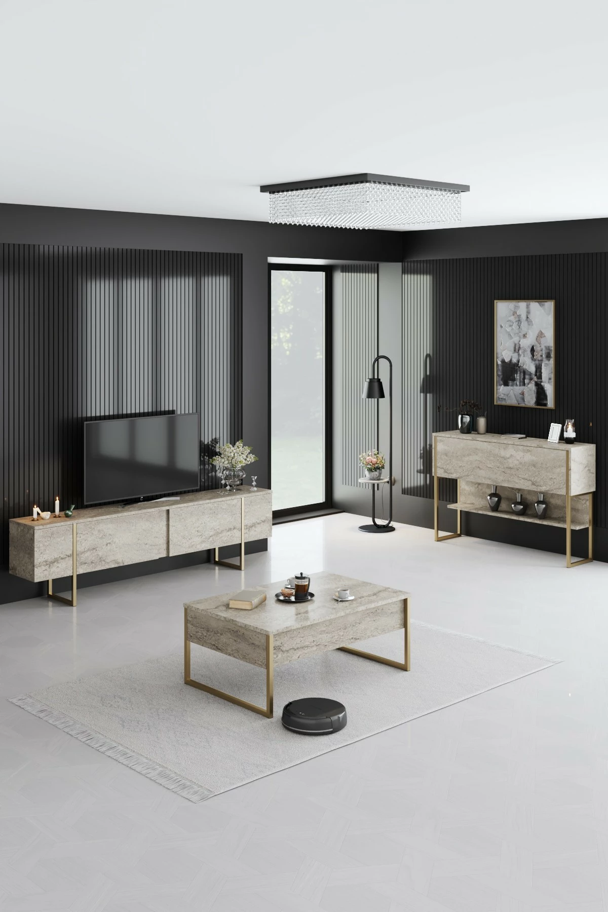 Tavolinë kafeje Hanah Home, Luxe, travertin, ar