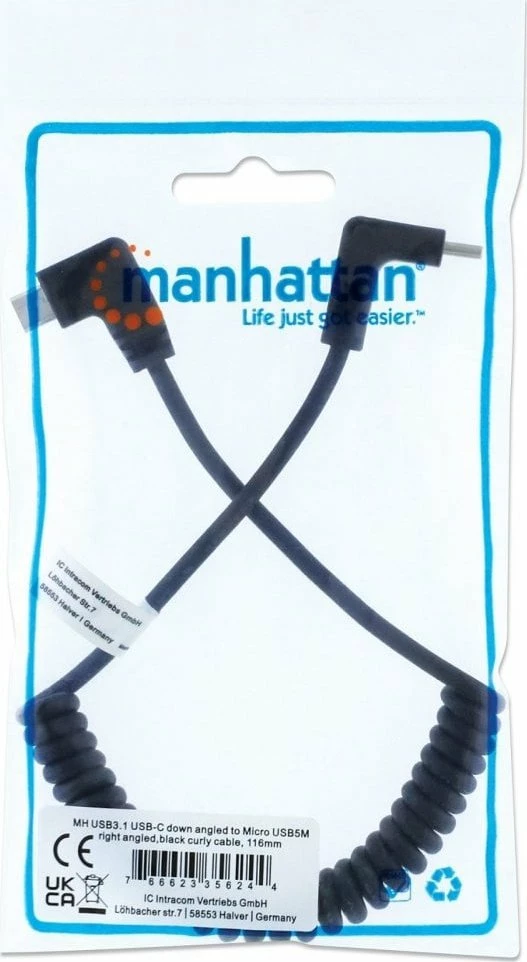 Kabllo karikimi spiral USB-C në microUSB Manhattan 356244 12W/3A 35-100cm e zezë