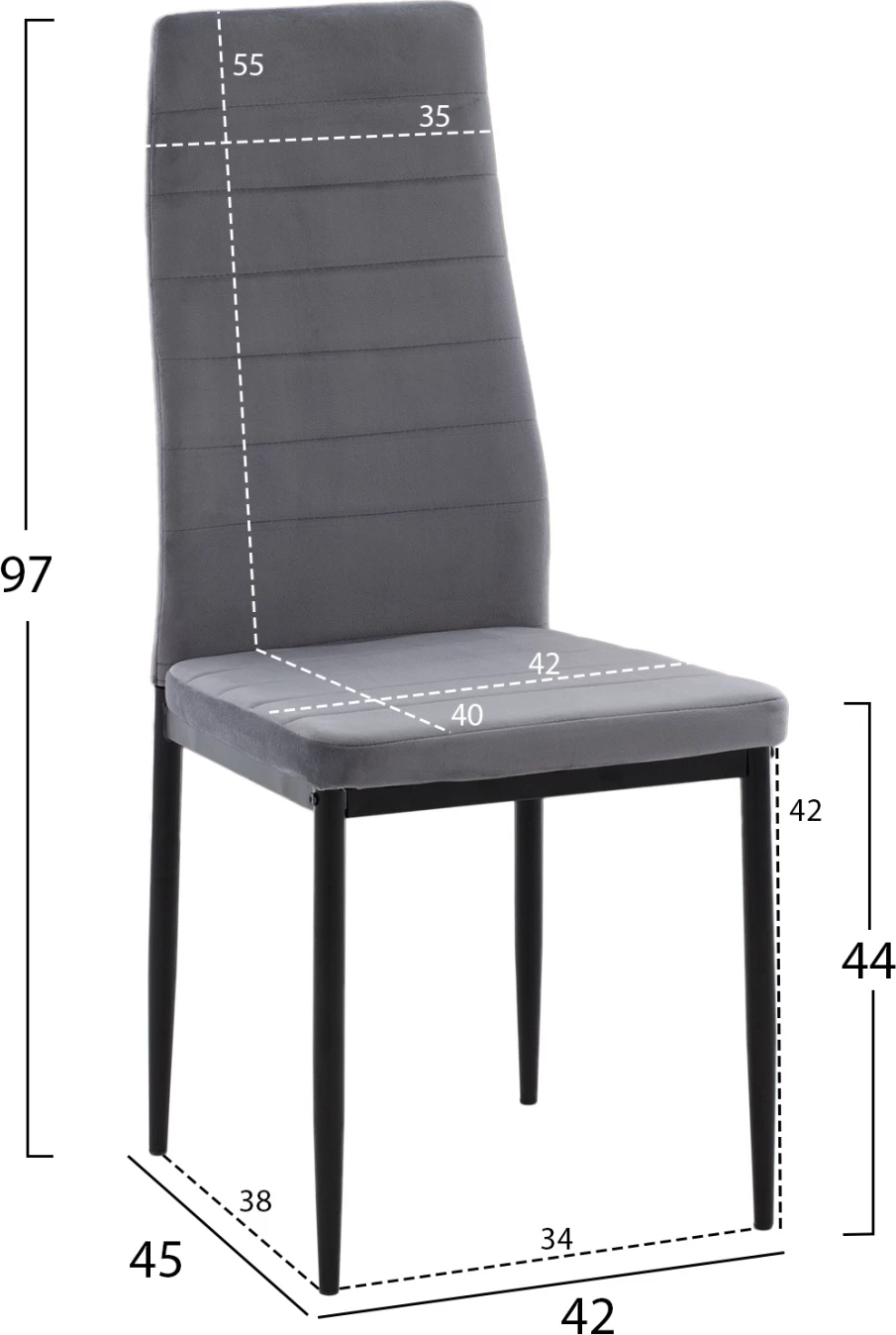 Karrige metalike FH0037.31, kadife gri, me kornizë metalike, set prej 4 copash