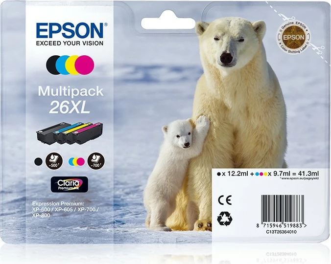 Multipack bojë Epson Polar Bear 26XL, 4 ngjyra, Claria Premium Ink, e zezë, cian, magenta, e verdhë