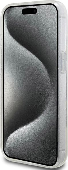 Mbështjellës Guess Ring Stand Script Glitter MagSafe për iPhone 15/14/13, transparent