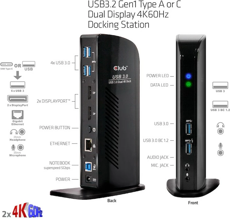 Docking station Club3D USB3.2 Gen1, 2x DisplayPort, 6x USB3.0, Gigabit Ethernet, e zezë