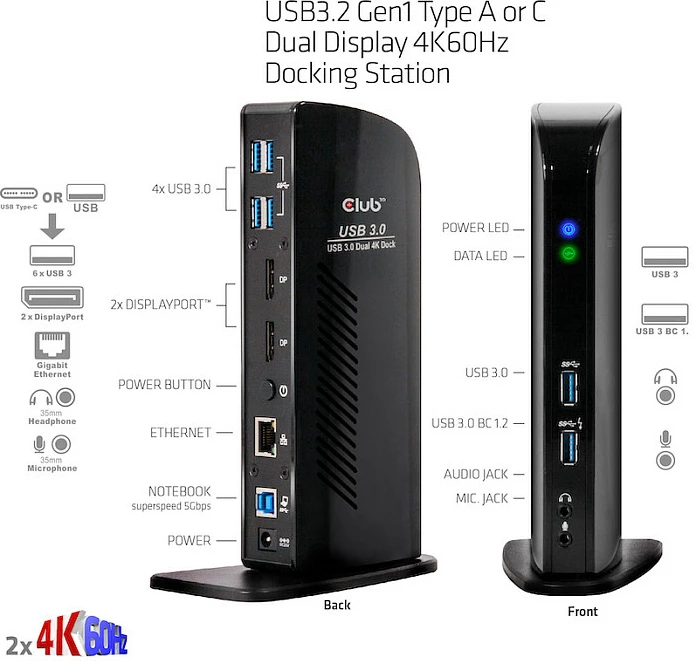 Docking station Club3D USB3.2 Gen1, 2x DisplayPort, 6x USB3.0, Gigabit Ethernet, e zezë