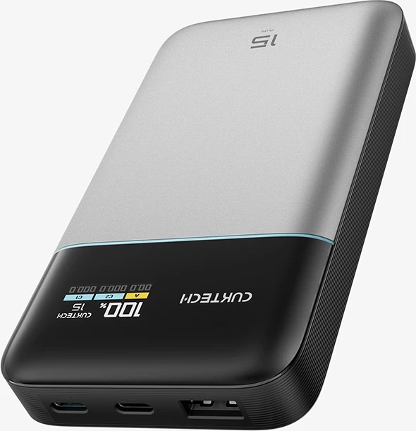 Powerbank Cuktech PB150S 15000mAh 100W, 3 porta (2x USB-C, 1x USB-A), me ekran TFT, me kabllo USB-C, gri