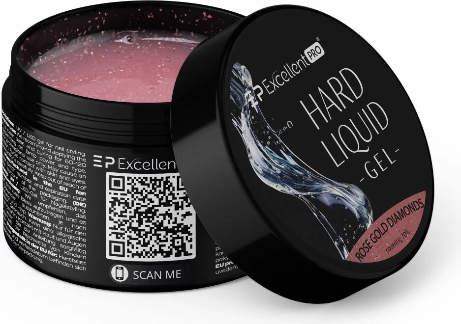 Xhel ndërtues i fortë për thonj për femra Excellent PRO Hard Liquid Gel Rose Gold Diamonds 15g