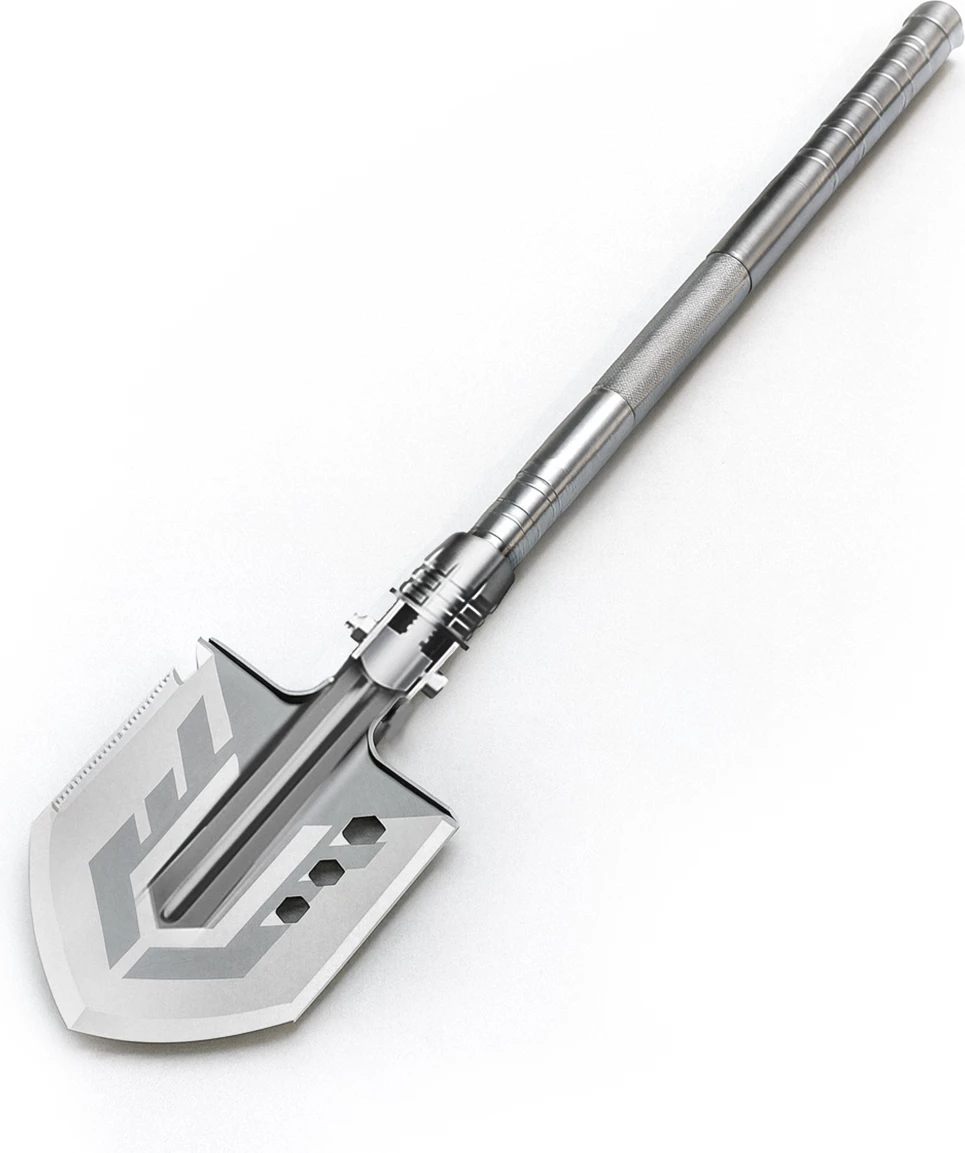 Lopatë multifunksionale palosëse, Wozinsky WSS-211, çelik inox, me thikë & sharrë, thyes xhami, fishkëllimë me çakmak, me këllëf, gri