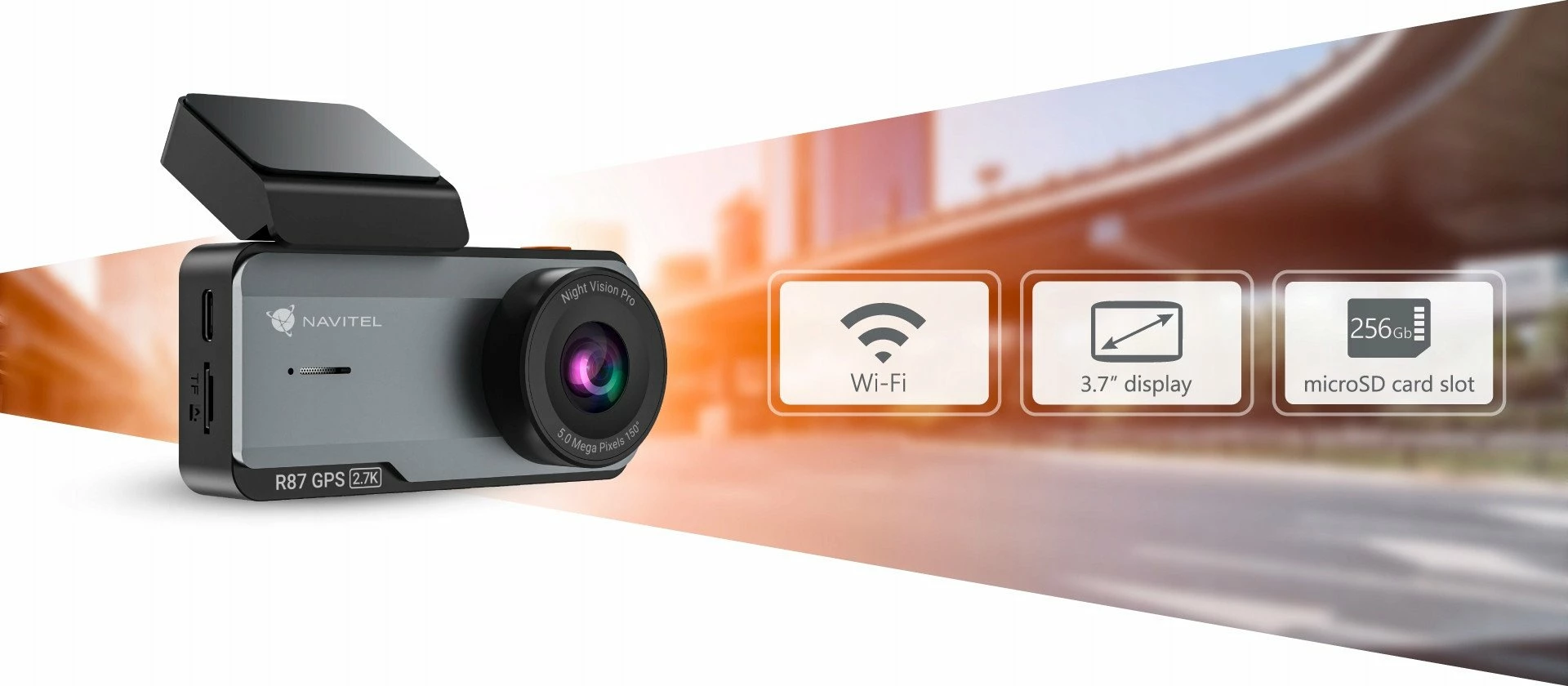 Kamerë regjistruese për veturë Navitel R87 GPS 2.7K, 150°, 3.7\", Wi‑Fi, microSD deri 256GB, e zezë/argjendtë