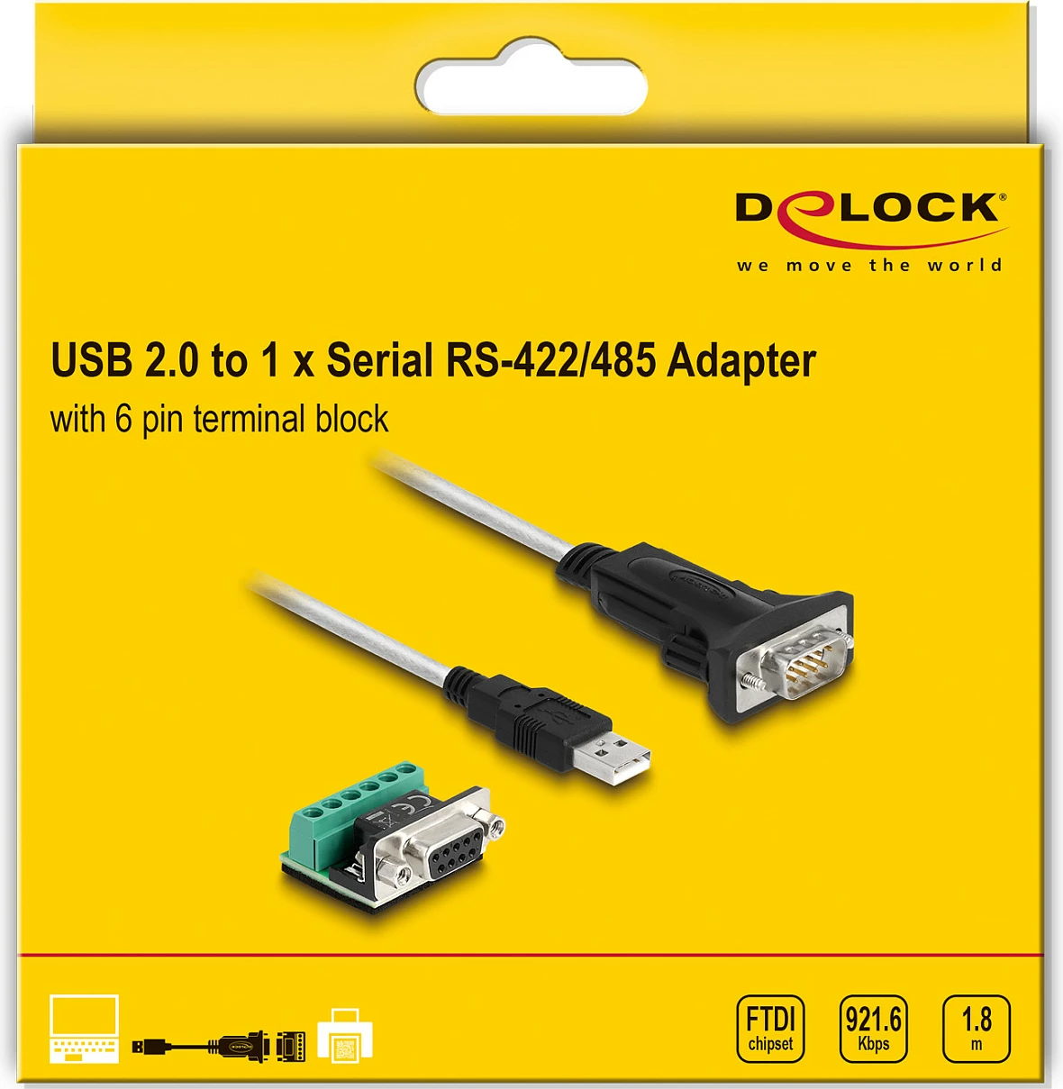 Adapter USB DeLOCK USB 2.0 Type-A në Serial RS-422/485 (DB-9), 1.8 m, i zi/transparent