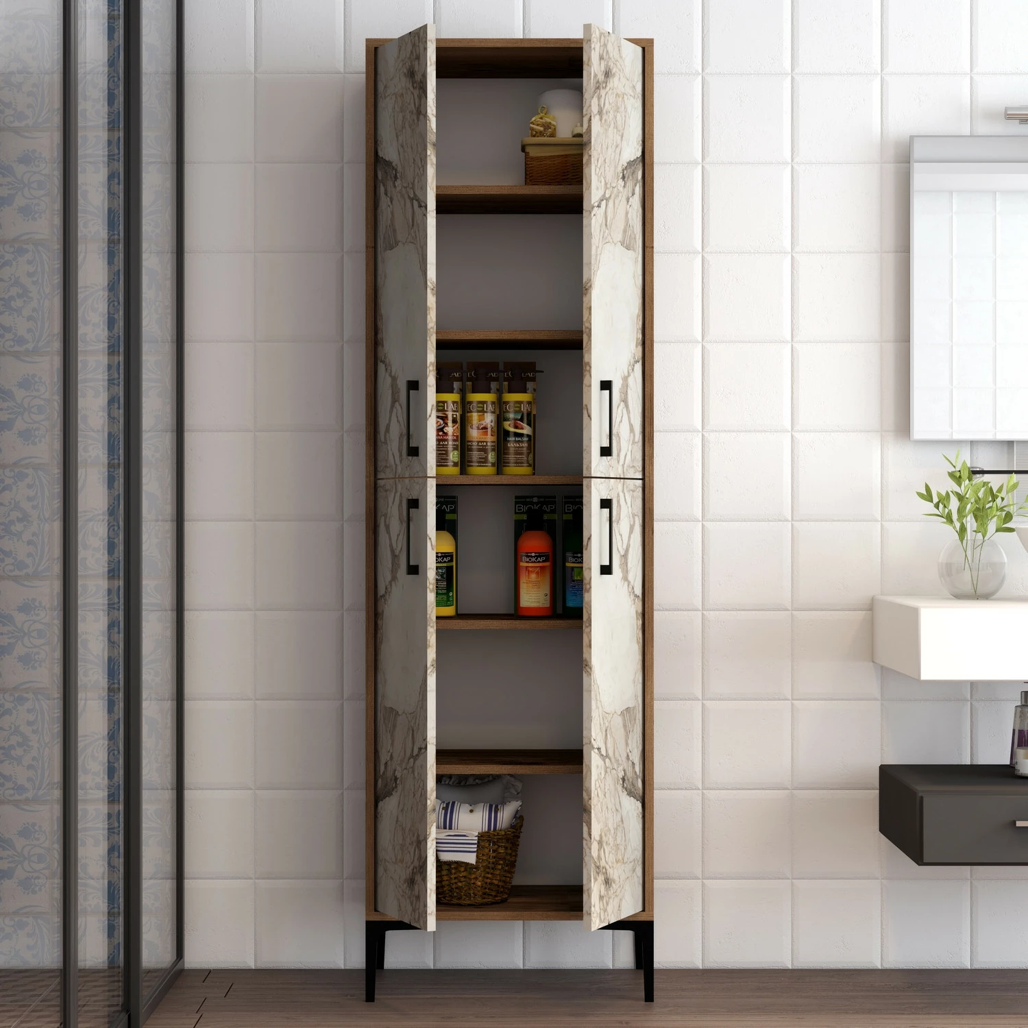 Dollap shumëpërdorimësh, ngjyrë arre dhe mermeri të bardhë, Skye Decor, Berlin A