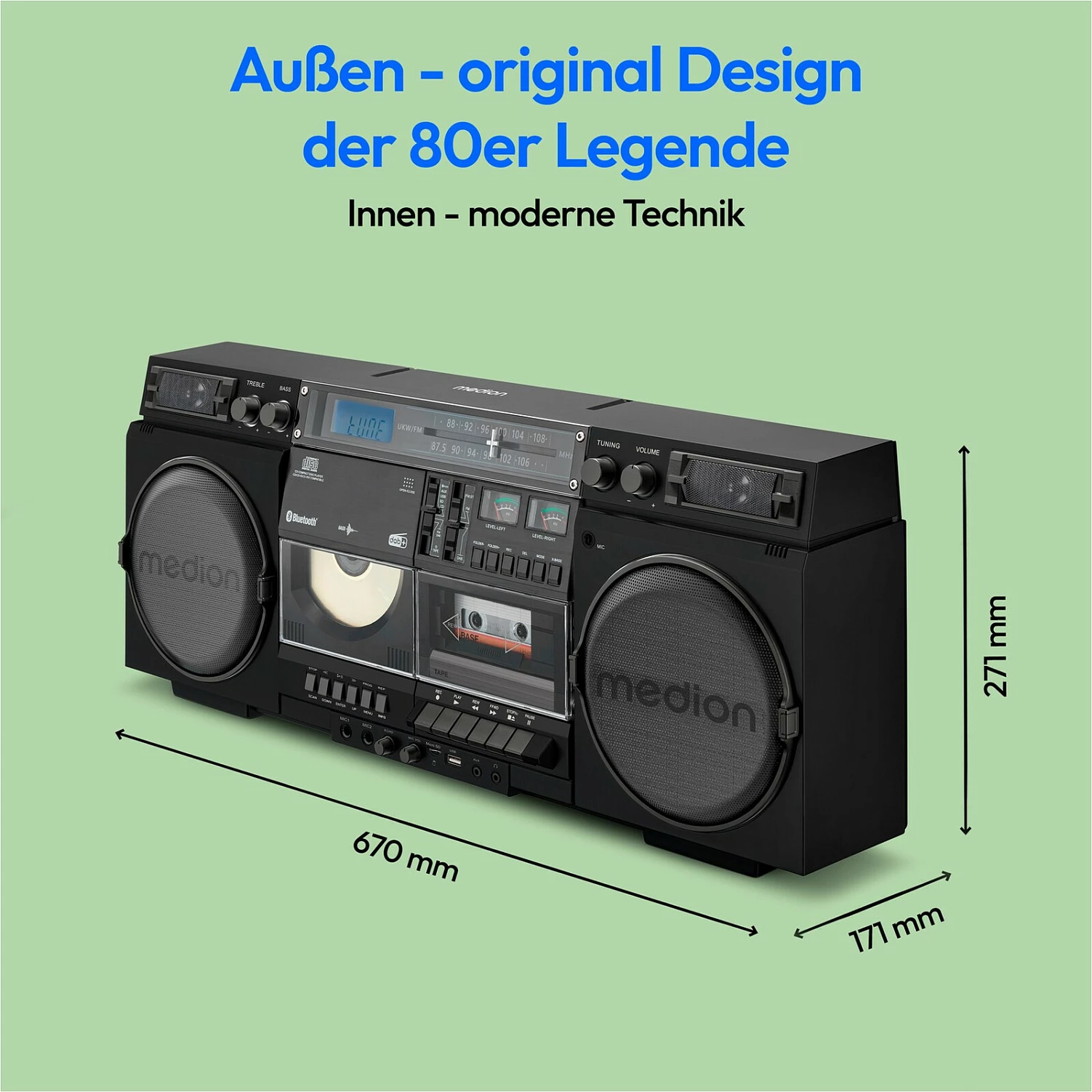 Sistem zëri Medion LIFE P66538, 20 W, DAB+/FM, Bluetooth 5.1, CD/USB/microSD/kasetë, i zi
