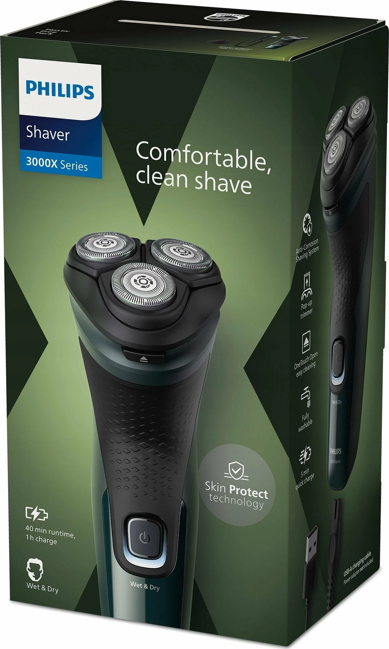 Makinë rroje Philips Series 3000X X3002/00, Wet & Dry, rrotative 3-kokëshe, me trimer, IPX7, jeshile