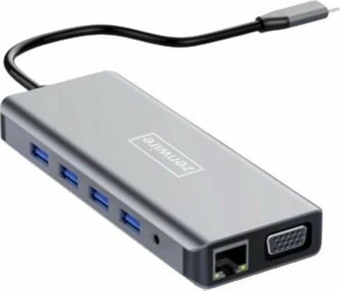 Hub USB-C Zenwire 12-në-1, 2x HDMI 4K, VGA, 4x USB 3.0, Gigabit Ethernet, SD/microSD, Power Delivery 87W, gri