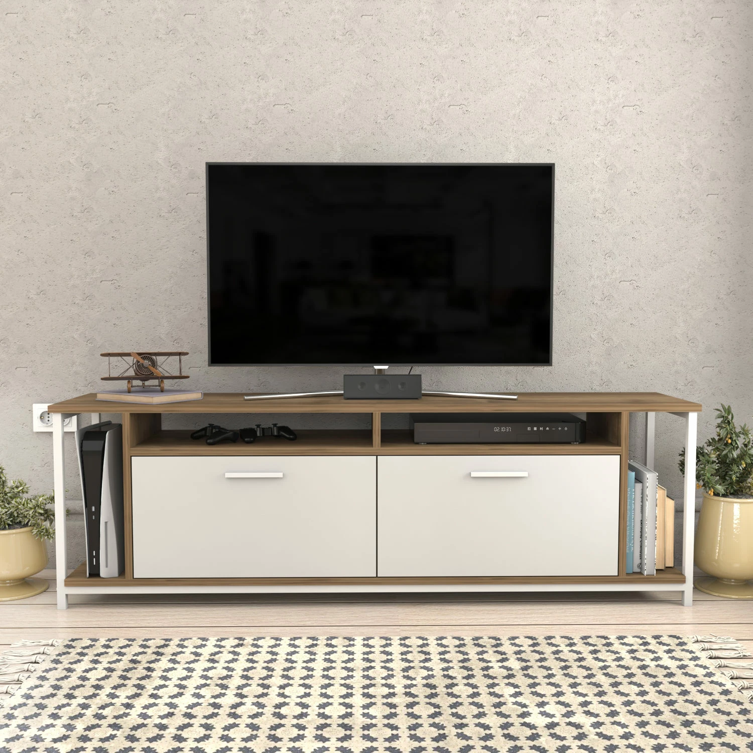 Komodë TV Skye Decor, Omar, e bardhë dhe arre