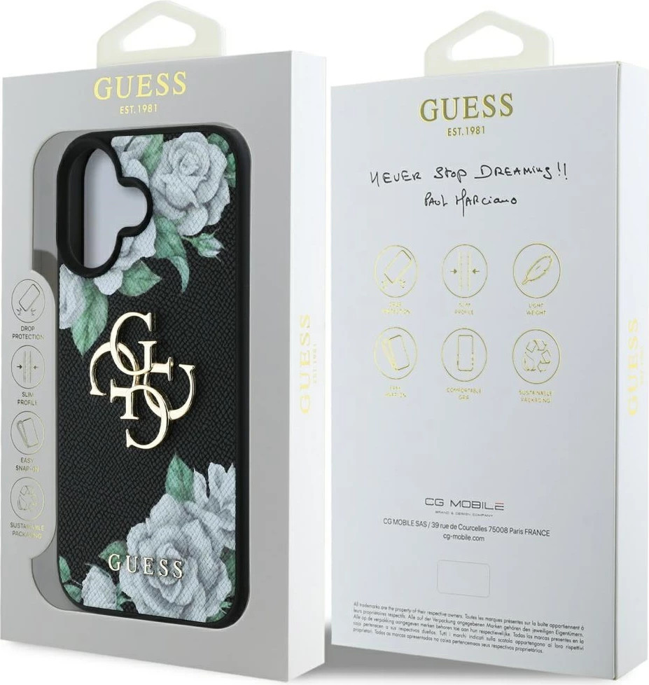 Mbështjellës Guess Grained Roses Big 4G logo për iPhone 16, i zi