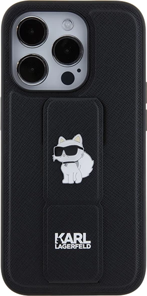 Mbështjellës Karl Lagerfeld Gripstand Saffiano Choupette Pins për iPhone 14 Pro, i zi