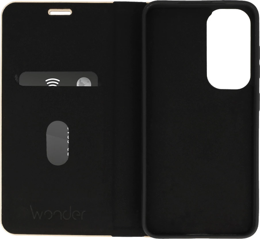 Mbështjellës flip HAVANA Premium 23611 për Samsung Galaxy S25 5G, me stand, magnet të fshehtë, xhep karte, Carbon Black me skaj Gold