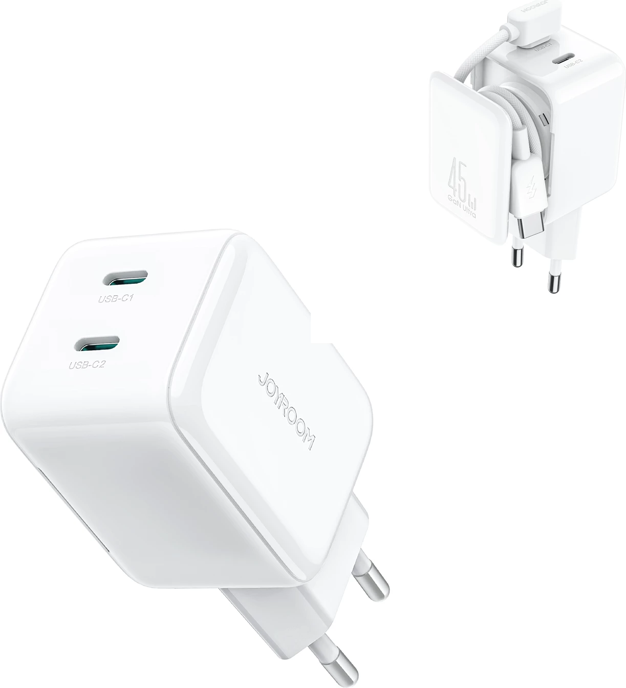 Karikues muri Joyroom JR-TCL05, 45W GaN, 2x USB-C, me organizues kablloje, i bardhë, me kabllo USB-C 1.2m