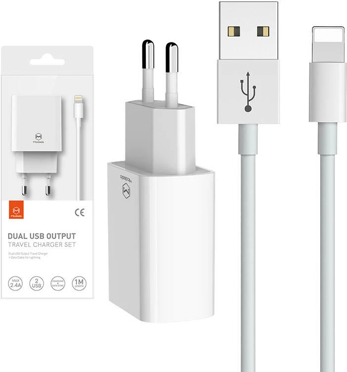 Karikues dyfishtë USB Mcdodo CH-6720 me kabllo Lightning 1m, i bardhë, set udhëtimi