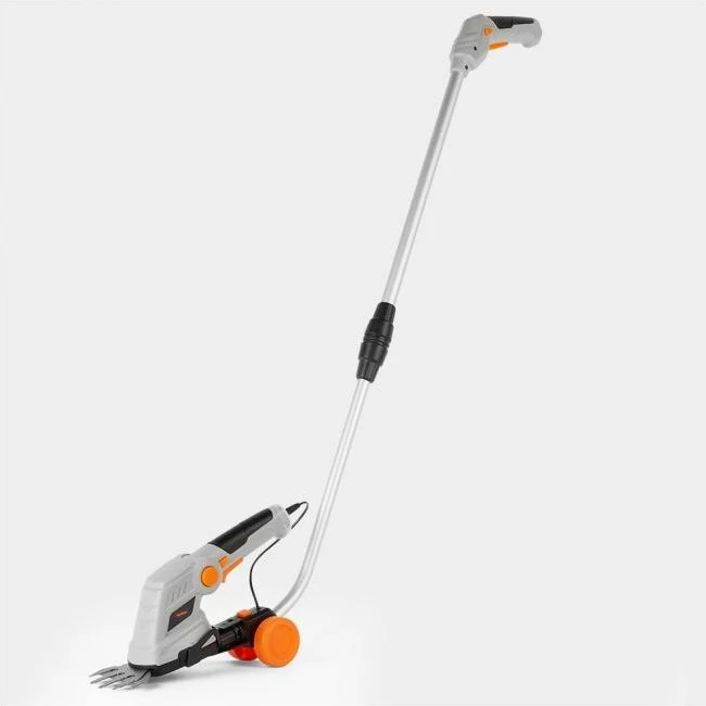 Gërshërë pa kabllo për gardh dhe bar VONHAUS 2500257 2-në-1, teh 170 mm + 90 mm, dorezë teleskopike 85–113 cm, gri/portokalli