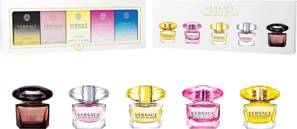Set mini Eau de Toilette & Eau de Parfum për femra Versace Crystal Noir, Bright Crystal, Yellow Diamond, Bright Crystal Absolu, Yellow Diamond Intense, 5 copë x 5ml