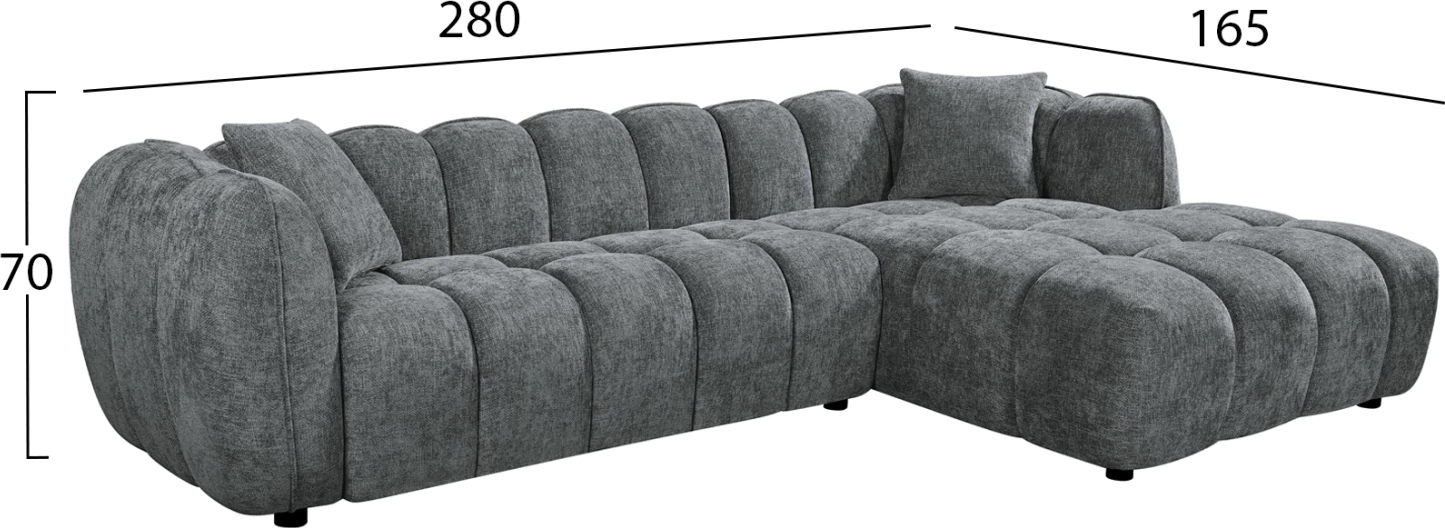 Këndare LYKKE, kënd i djathtë, material gri, 280x89-165x70cm