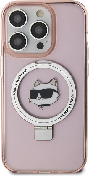Mbështjellës Karl Lagerfeld KLHMP15XHMRSCHP për iPhone 15 Pro Max 6.7", me unazë Ring Stand Choupette Head, MagSafe, rozë