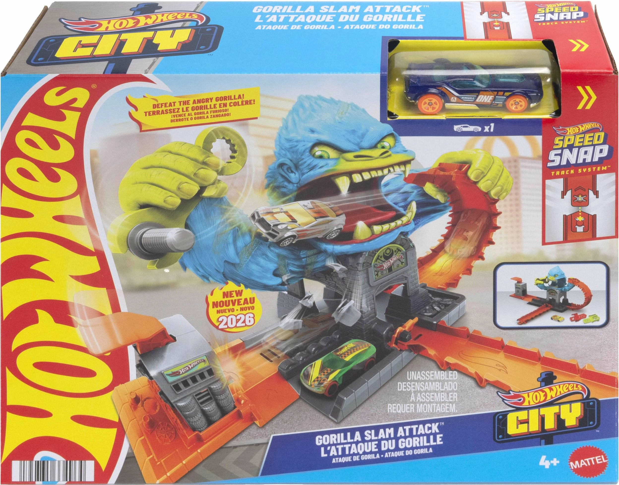 Set pistë Hot Wheels City Hungry Gorilla me launcher, Mattel JHL92, 1 makinë 1:64, 4+ vjeç, portokalli/blu