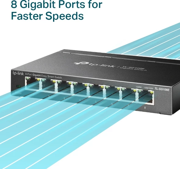 Switch TP-LINK TL-SG108E 8-port Gigabit Easy Smart, i zi, set me adapter rryme