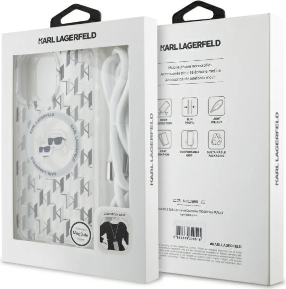Mbështjellës Karl Lagerfeld IML Crossbody Monogram Karl & Choupette Head MagSafe për iPhone 16 Pro, Transparent