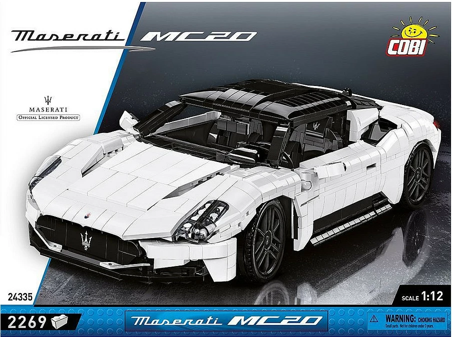 Blloqe ndërtimi Cobi Maserati MC20, 2269 copë, shkallë 1:12, bardhë/zi