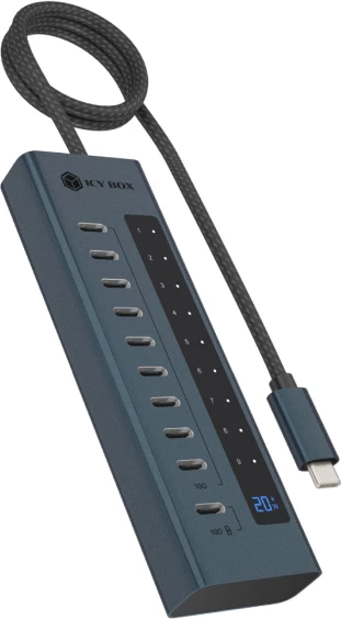 Hub USB-C ICYBOX IB-HUB1450-C31 10-port USB 3.2 Gen 2, PD 20W, ekran LED, kabllo e thurur, blu e errët
